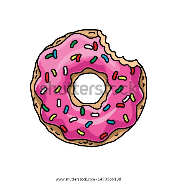 ピンク釉の半分食べかけの漫画ドーナツ ベクターイラスト のベクター画像素材 ロイヤリティフリー