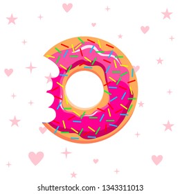 Half-eaten donut with pink glaze - on bright background of pink hearts and stars. Vector Illustration.