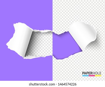 Halfed vertically blank teared paper hole with rip edges and shadows on transparent background for poster revealing ad message. Bright concept for sale promo or advertisement.