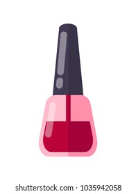 Half-empty glass bottle of persistent deep red nail polish with black cone shiny top isolated cartoon flat vector illustration on white background.