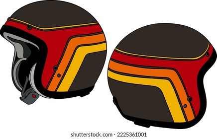 Half-face classic helmet, brown color combination of red, yellow, orange. Helmet visible from the front and side. The file is a vector so it's easy to edit. Beautiful classic helmet.