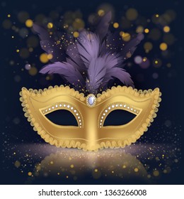 Half-face colombina golden silk mask decorated with precious stones and purple feathers realistic vector on dark background with gold sparkles. Venetian carnival, costumed party dressing illustration