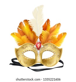 Half-face colombina mask decorated with precious stones, red ruby and colored feathers 3d realistic vector icon isolated on white background. Venetian carnival, costumed party dressing illustration