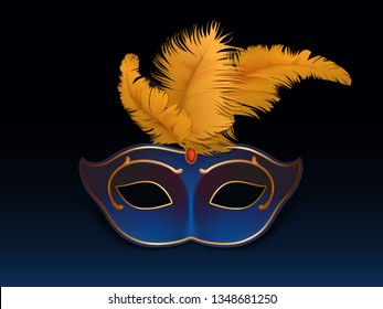 Half-face colombina mask decorated with precious stones, red ruby and colored feathers 3d realistic vector icon isolated on dark background. Venetian carnival, costumed party dressing illustration