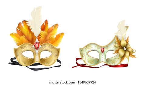 Half-face colombina mask decorated with precious stones, red ruby and colored feathers 3d realistic vector icon isolated on white background. Venetian carnival, costumed party dressing illustration