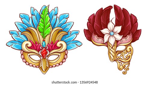 Half-face colombina mask decorated with precious stones, red ruby and colored feathers 3d realistic vector icon isolated on white background. Venetian carnival, costumed party dressing illustration