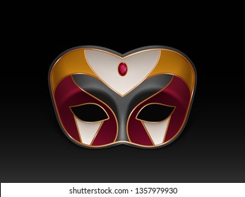 Half-face colombina mask decorated with precious stone, red ruby and gilding 3d realistic vector icon isolated on dark background. Venetian carnival, costumed party dressing illustration