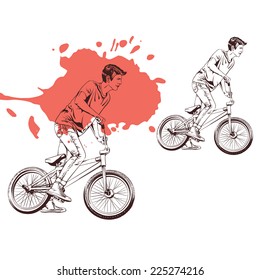 half-face guy on bike sketch drawing on background with splashes of paint