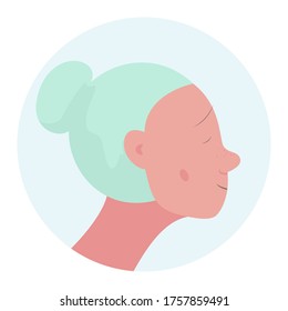 Half-face portrait of a beautiful emotional woman with her eyes closed. Concept vector illustration with a freckled smiling face of wise senior lady