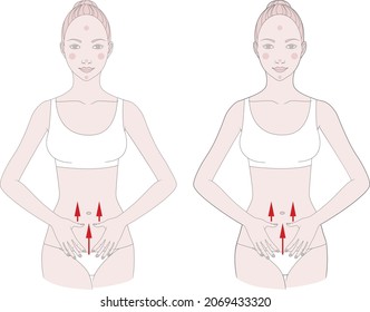 Halbfigur eines Mädchens. Selbstmassage von Fettablagerungen im Bauch. Vektorgrafik.