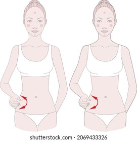 Half-figure of a girl. Self-massage of fatty deposits in the abdomen. Vector illustration.