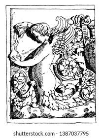 Half-Figure Roman Relief is a design of a half-figure human body with a lower half that has a scroll ornament design of foliage, vintage line drawing or engraving illustration.