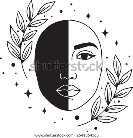 Half-Filled Face Silhouette, Black and White Line Art with Leaves and Stars