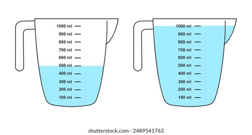 Vasos medidores medio llenos y llenos de agua con 1 litro de volumen. Contenedores líquidos para cocinar con escala de capacidad de fluido aislados sobre fondo blanco. Ilustración plana de Vector.