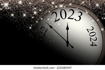 Half-hidden clock showing 2023 with sparkling stars. Black background with space for text.