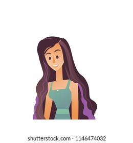 Half-length portrait of young beautiful woman with long dark hair isolated on white background. Cartoon female character in green dress for avatar in vector illustration.