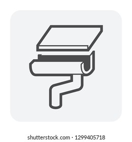 Halfline style gutter vector icon. Also call rain gutter or eavestrough. Include roof, downpipe or downspout and pipeline for water discharge and drainage system to protect building from rainwater.