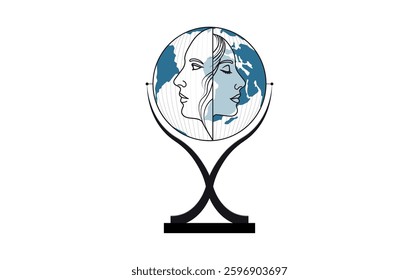 A half-male, half-female face side by side inside a globe.