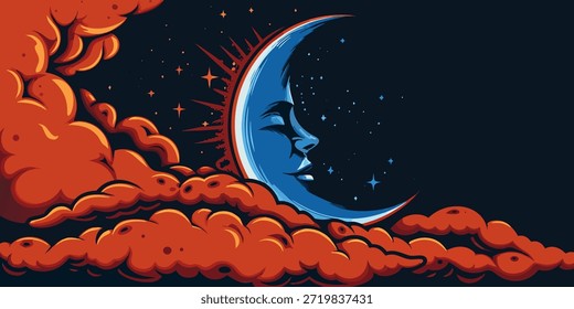 Half-Moon Crescent Night Sky Celestial Graphic Design