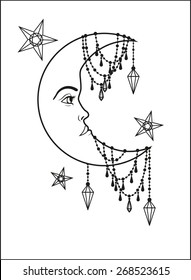 Halfmoon with human face and stars