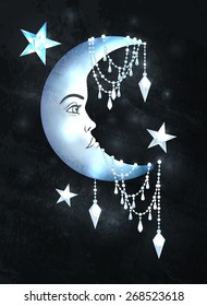 Media luna con cara humana y estrellas