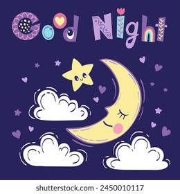 Half-moon slipping among fluffy clouds and short phrase good night. Vector hand drawn illustration