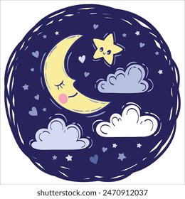 Half-moon slipping among fluffy clouds. Vector hand drawn illustration