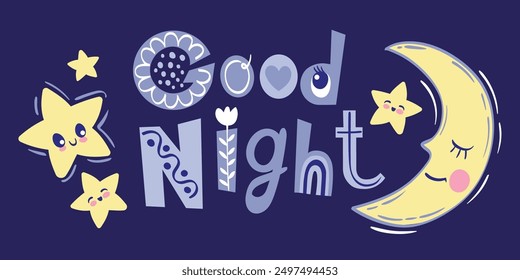 Half-moon slipping among stars and short phrase good night. Vector hand drawn illustration on blue background