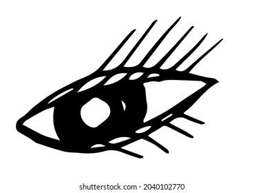 Half-open eye, vector. A hand-drawn doodle of a black eye with eyelashes. For prints on clothing, posters and notebooks. Black scribbles on a white background