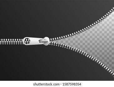 Half-open metal zipper with black and transparent sides. Realistic silver zipper opening to reveal a blank layer - creative template vector illustration.