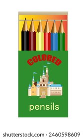 A half-opened box of colored pencils with a beautiful princess castle drawn on its cover.