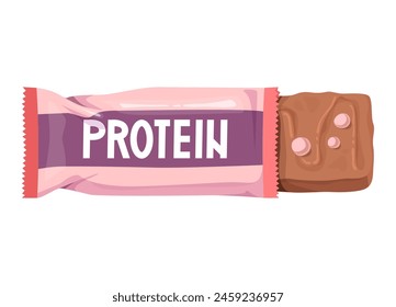 Half-opened protein bar in pink wrapper with visible chocolate bar. Vector illustration. Health and fitness nutrition concept.