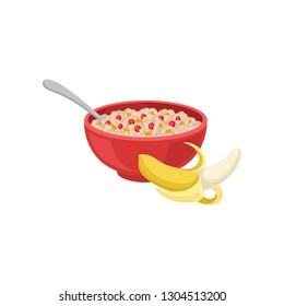 Half-peeled Banana And Bowl Of Oatmeal Porridge With Spoon. Healthy Breakfast. Tasty Food. Flat Vector Design