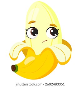Half-peeled banana with a shy expression and big eyes. Fresh tropical fruit with a smooth yellow peel and soft texture. Ideal for healthy eating, organic food, juice packaging, and summer designs