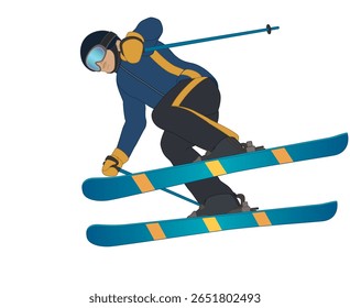 esqui half-pipe, esquiador masculino realizando truque no ar médio isolado em um fundo branco 