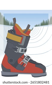 half-pipe skiing, ski boot in profile with snow covered pipe in the background