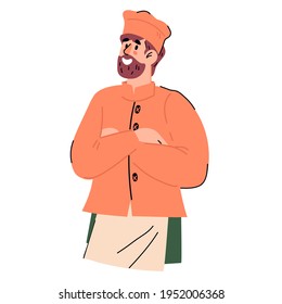 Half-portrait of confident bearded restaurant chief cook, cartoon flat vector illustration isolated on white background. Cafe or restaurant personnel cartoon character.