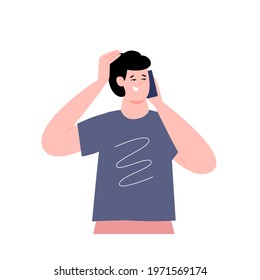 Half-portrait of young cheerful man talking on mobile phone, cartoon vector illustration isolated on white background. Modern comic character of guy with cellphone.