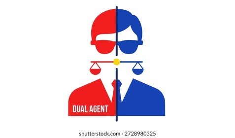 Rosto meio vermelho, meio azul com escala equilibrada no nariz; "Agente Duplo