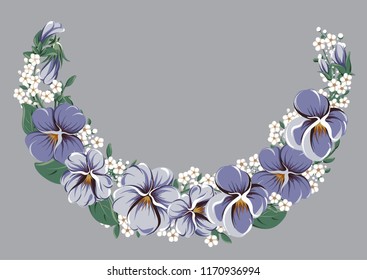 half-round floral frame wreath with viola flowers