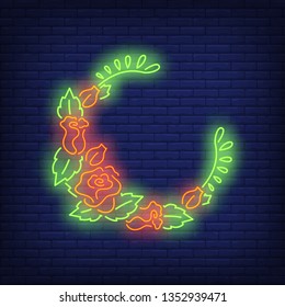 Half-round floral wreath neon sign. Summer, holiday, decor design. Night bright neon sign, colorful billboard, light banner. Vector illustration in neon style.