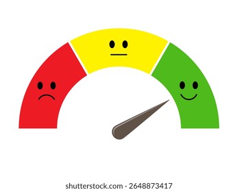 Half-round scale from unhappy red face to green happy face with pointer. Vector illustration isolated on white background