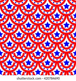 Half-round and star seamless pattern. American patriotic stars and rounds image in bright red, blue and white. Template for prints, textiles, wrapping, wallpaper, website etc Stock vector illustration