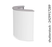 Half-round table counter realistic vector mockup. White blank curved reception desk mock-up. Template for design