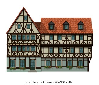 Half-timbered architecture. Classic german house. Traditional european building. Vector illustration