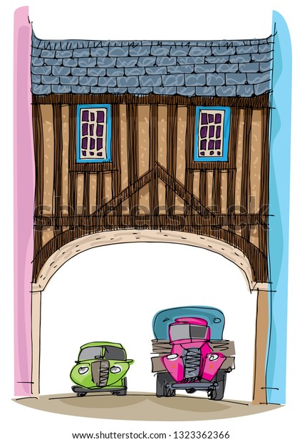 A half-timbered bridge like vintage
house with two old cars under it. Cartoon.
Caricature.
