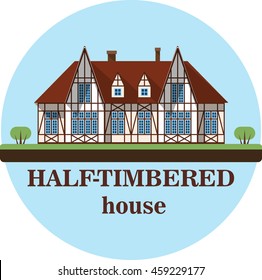 Half-timbered cottage. Chalet summer house. Modern apartment vector illustration. Scandinavian design home isolated on white background. Europe cabin room exterior. Tourist flophouse image.