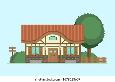 Half-timbered cottage. Summer house with trees and bushes. Modern apartment vector illustration.
