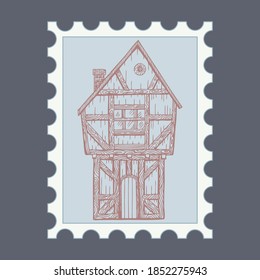 half-timbered house. Christmas stamps with holiday Vintage illustration. Postage stamp frames. Vector 