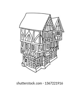 Half-timbered house vector illustration. Medieval architecture. Line illustration for prints, cards, textile